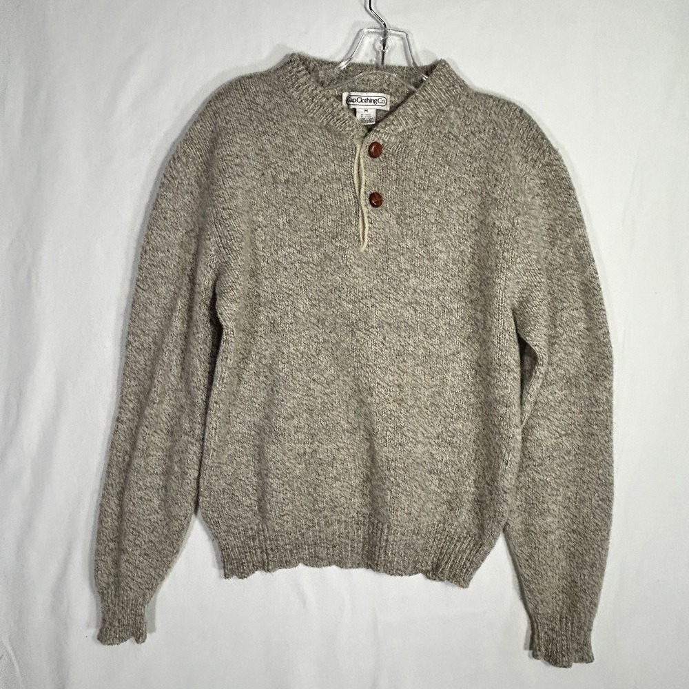 Vintage 80s Gap Clothing Co Ragg Wool Henley Sweater USA Made Oatmeal Mens Med